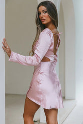 Shaken Not Stirred Cut-Out Waist Long Sleeve Pleat Mini Dress Blush
